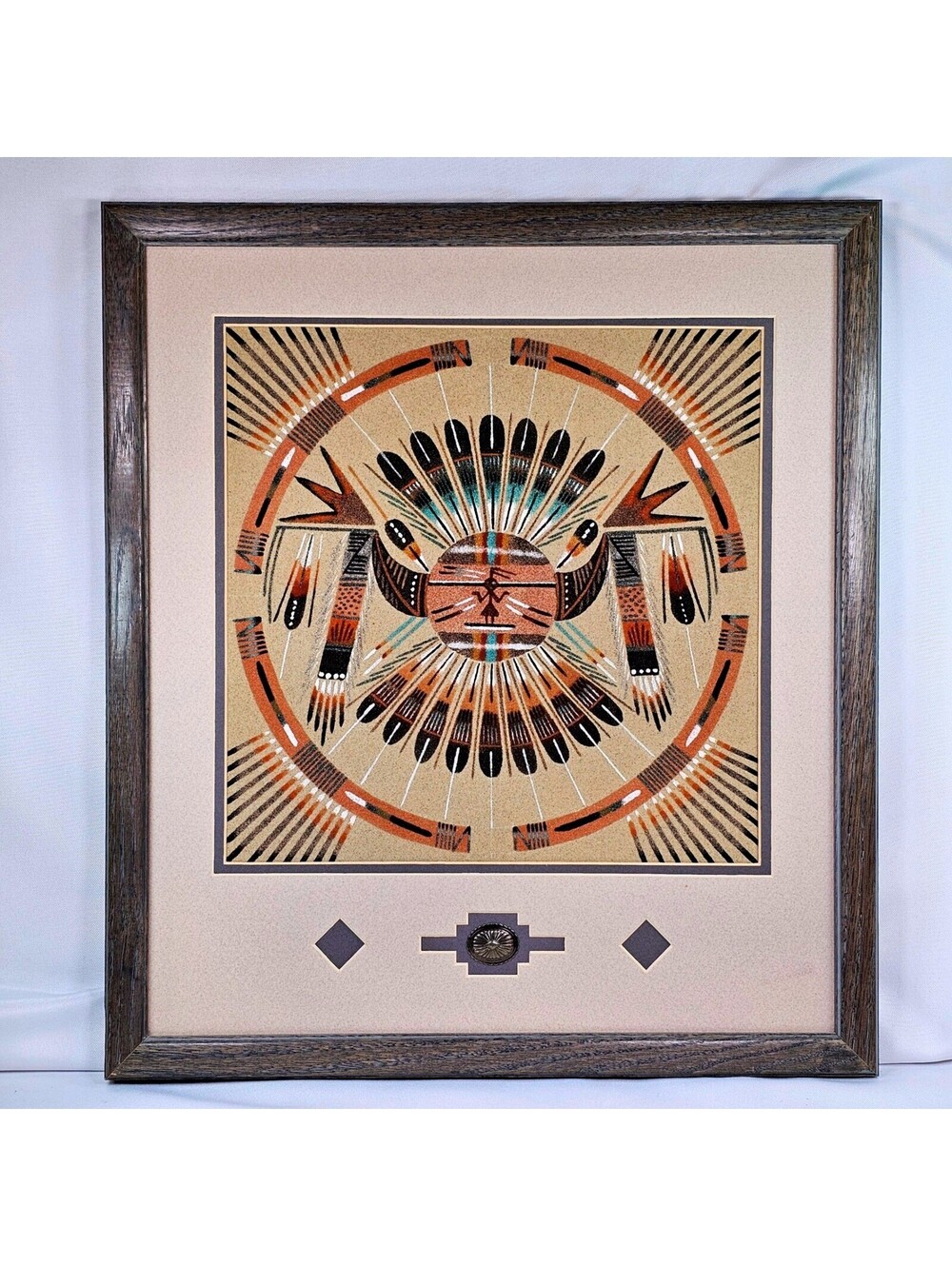 Navajo Sandpainting Sun Face Native American Art Signed Framed Concho 18x16